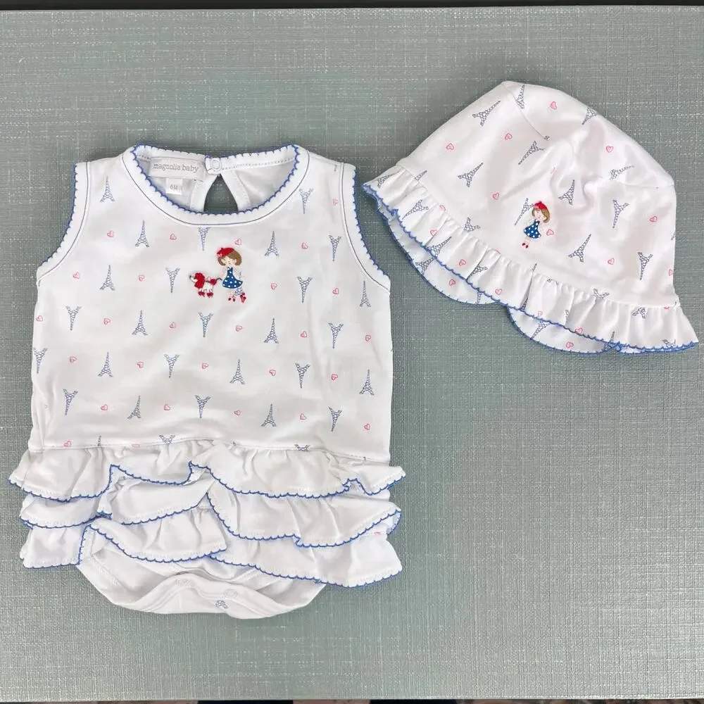 Magnolia Baby Ruffle Bubble Romper & Sun Hat Paris Print 6 Months